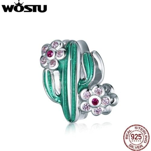 WOSTU New Fashion 925 Sterling Silver CaFNus & Flower Beads Green Zircon Fit Original Bracelet Pendant Charms DIY Jewelry FNC121