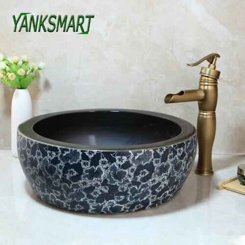 YANKSMART Ceramic Round Bathroom Counter Top Washbasin Antique Brass Faucet Set Deck Mounted Cold & Hot Water Mixer Tap Kit