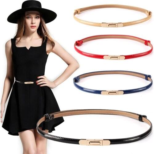 New belts for women thin patent leather waistband dress gold hook button fashion adjust genuine ceinture femme decorative skirt