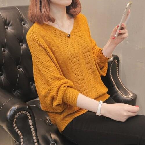 Hollow knitted sweater bat sleeve spring autumn womens loose thin section net red solid color bottoming sweater On sale D346