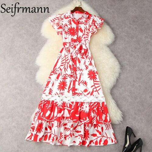 Seifrmann New 2021 Summer Women Fashion Runway Party Long Dress Short Sleeve Ruffles Bow Sashes Floral Printed A-Line Dresses