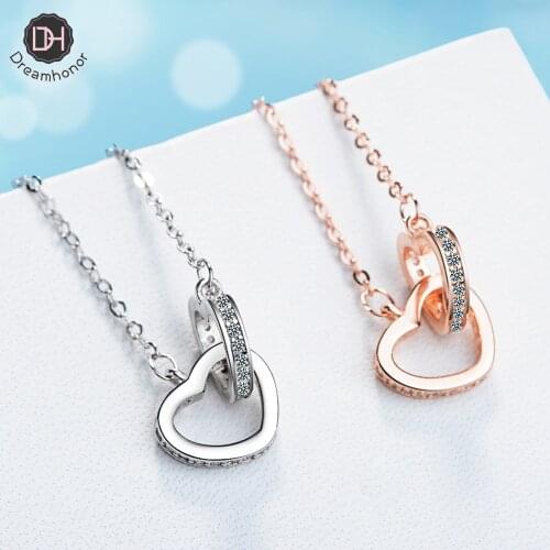 Dreamhonor 925 Silver Zircon Double Love Heart Chain Necklace Women Gift Jewelry Wholesale/Dropshipping