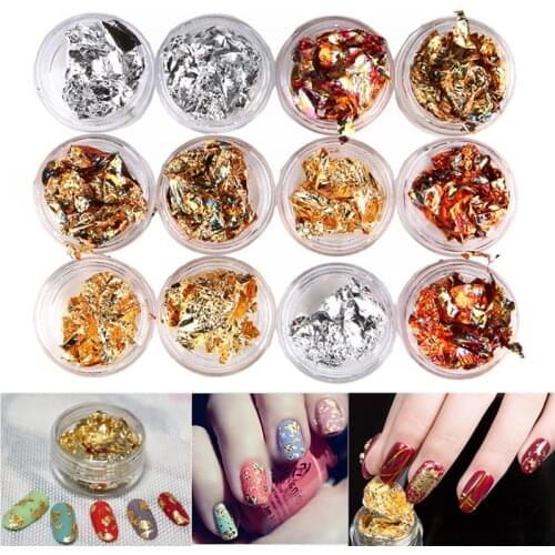 12 Box Nail Art Gold Silver Copper Rainbow Foil Paillette Chip Design Decoration