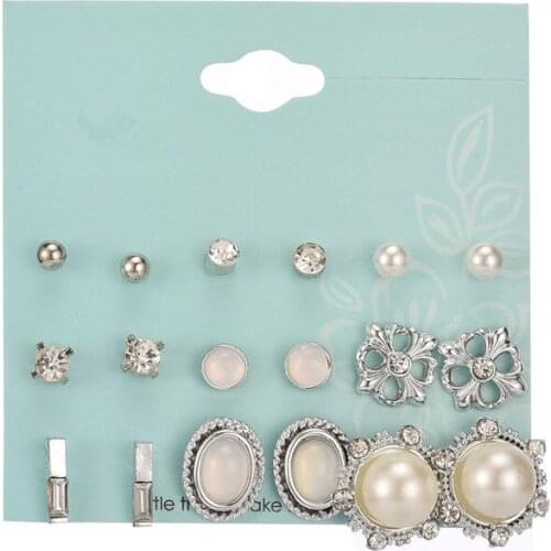9Pairs/Lot European Fashion Simulated-pearl Earrings Set Mixed Hollow Out Exaggerate Opal Stud Earrings Oorbellen
