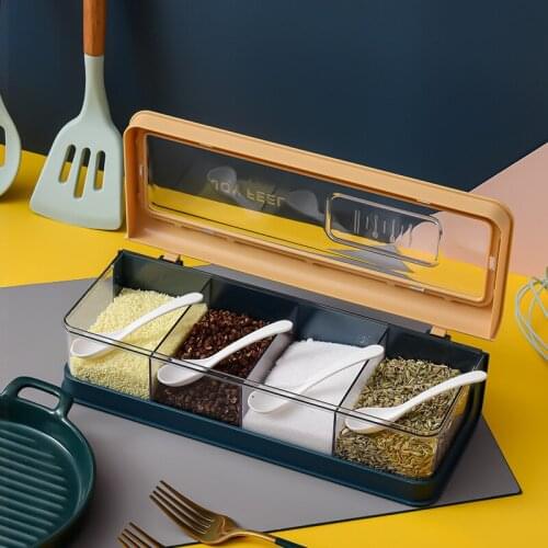 Four Grids Transparent kitchen Seasoning Bottle Box Jar Condiment spice jar salt and pepper shakers Herb Spice Storage Container