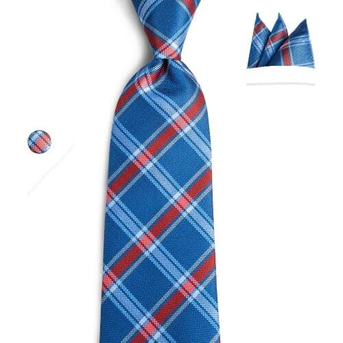 DiBanGu Checked Plaid Red Blue White Mens Ties Neckties 100% Silk Polyester Necktie Hanky Cufflinks Suit Gift Wedding SJT-7124