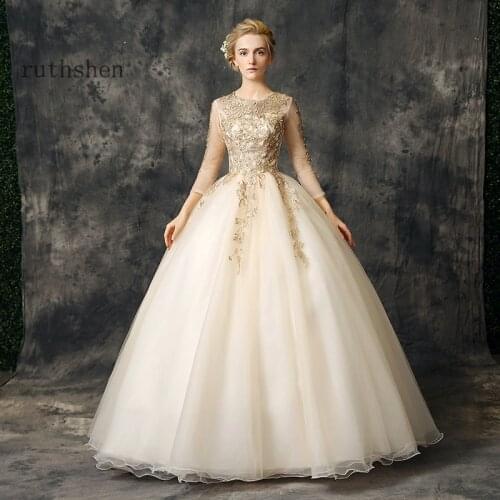Long Prom Dresses With Gold Lace Appliques 3/4 Sleeves Ball Gown Sweet 16 Girls Birthday Party Dress For Formal Evening