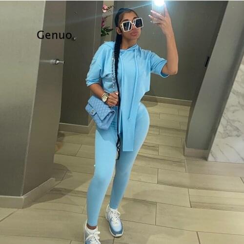 Hooded T Shirt and Pants Loungewear Tracksuits Workout Sportswear Casual Two Piece Outfit Short Sleeve Women Sets Loose
