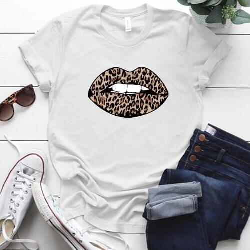 Big Lips Leopard Printed Tshirts Women Summer Round Neck Funny Tshirts for Ladies Woman Shirts Harajuku O-Neck Tops Tees Femme