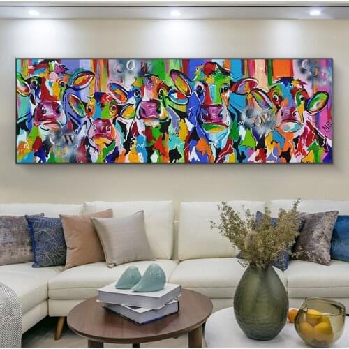 Graffiti Art Cows Oil Painting on The Wall Canvas Retro Posters and Prints Cute Animals Wall Art Pictures for Living Room Decor