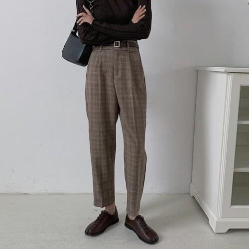 ZHISILAO Plaid Pants Women Vintage Office Wear High Waist Trousers Mujer with Belt Lattice Straight Harem Pants 2020 Plus Size