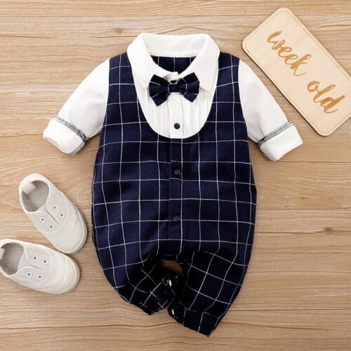 New born Baby Boy Clothes Newborn Romper Jumpsuit Pajamas Infant Baby Long Sleeve Blue Plaid Clothing Things Costume Outfits