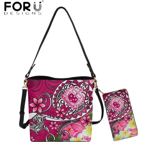 FORUDESIGNS Fashion Bucket Hanbag For Women Samoa Polynesian Turtle Plumeria Printed PU Leather Brand Messenger Sac And Purse