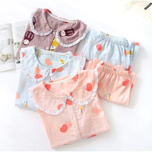 Fashion Ladies Cotton Breathable Pajamas Sleep Pants Suit Cute Doll Collar Summer Home Clothes Comfortable Loose