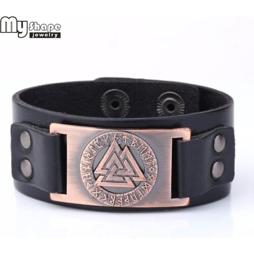 My Shape Slavic Norway Valknut Pagan Amulet Leather Bracelet Metal Engrave Runes Bangle Scandinavian Viking Europe jewelry