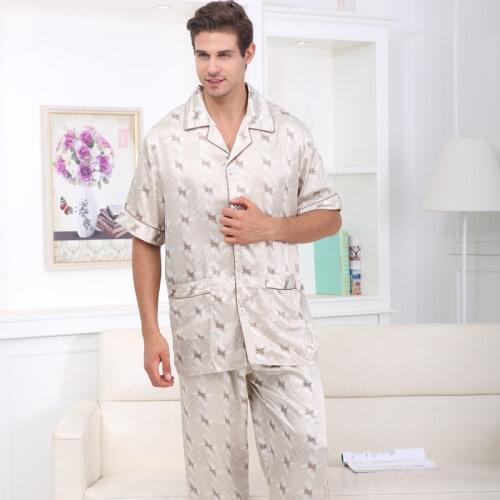 Mens Satin Pajamas Set Short Sleeve and Shorts Button Down PJ Set Classic Sleepwear Loungewear
