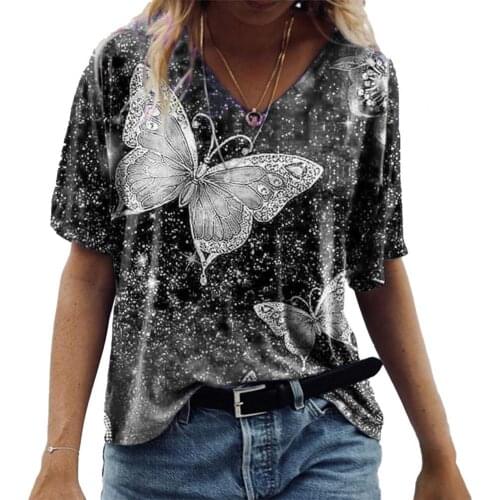 New Summer T-shirt Butterflies Printing V Neck Women Loose Leisure Short Sleeve All Match Top for Party Streetwear