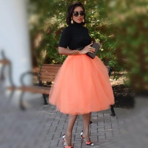 Orange Tulle Skirt Tutu Skirts Womens Petticoat Elastic Waist No Belt faldas saia jupe Layered Women Formal Wear Skirt 2021