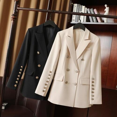 JA0021 Double-breasted Fashion Office Lady Solid Suit Jacket Womens Casual Notched Oversized Loose Pockets Blazer костюм женский