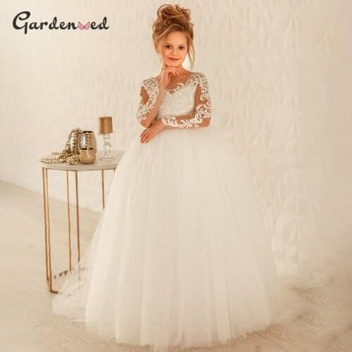 Puffy Flower Girl Dresses 2020 Lace Appliques Princess Dress Tulle Kids Communion Dresses Sleeve Bow Girl Birthday Party Dress