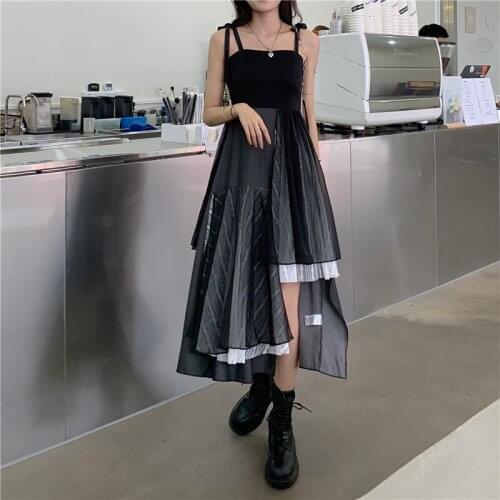 Mesh Lace Stitching Spaghetti Strap Summer Women Dress irregular Hem Streetwear Sleeveless Slim Sexy long Dress vestido de mujer