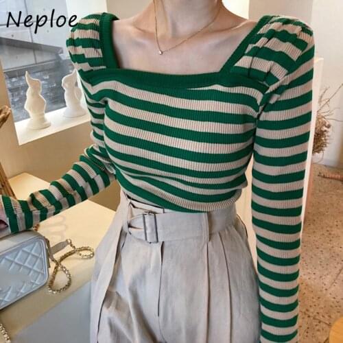 Neploe Chic Autumn New 2021 Square Collar Shirts Female Stripes Slim-fitting Long-sleeved T-shirt Woman Tops Clothes Women
