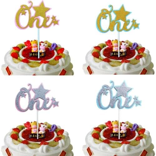 Cake Topper One With Star Glitter Cupcake Flags Baby Shower Happy Birthday Decoration Aniversary Party Cupcake Decor Pink Blue