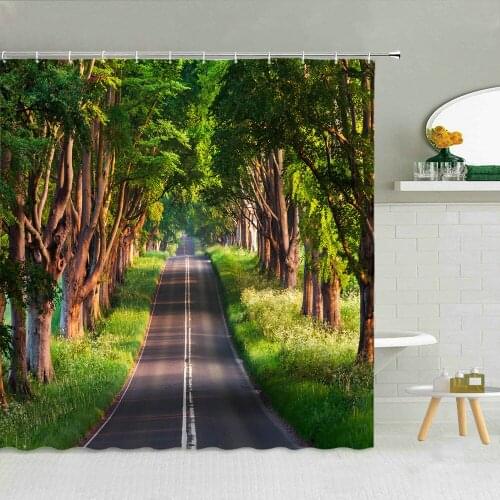 U.S. City Street Scenery Shower Curtains Blandford Road Green Plant Building Flag Bath Decor Waterproof Fabric Hooks Curtain Set