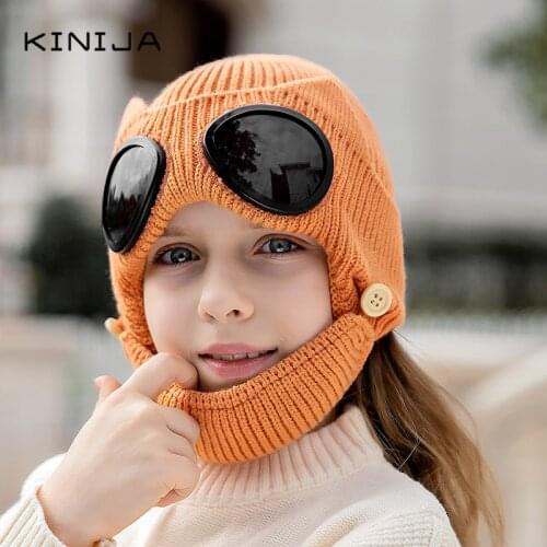 Unisex kids Winter Outdoor Glasses Knit Hat Ski Cap Balaclava Mask Face Neck Protection Thickened Scarf warm Skullies Beanies