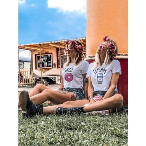 Women Tee Best Friend BFF Shirts Matching Cartoon Donut Coffee Print Girlfriend Tshirt Cute Best Friend T Shirts Outfits