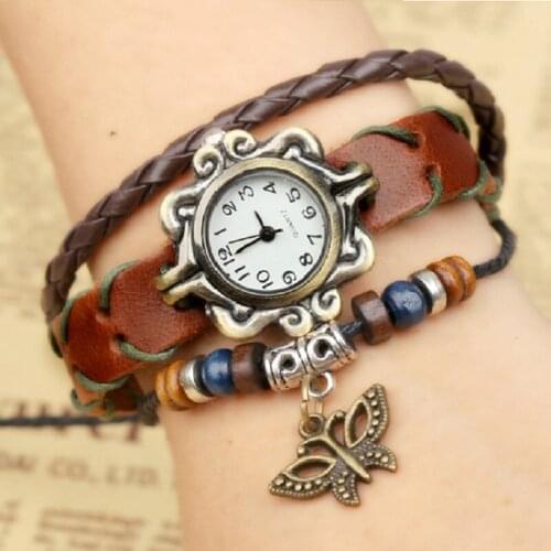 Gnova Platinum Soft Genuine Leather Women Watch Vintage Quartz Wristwatch Hollowed Butterfly Charm Bracelet A738