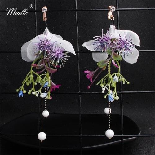 Miallo 2019 New Arrivals Purple Simulated Flowers Bridal Clip Earrings Adjustable Wedding Bride Bridesmaids Long Earrings Women