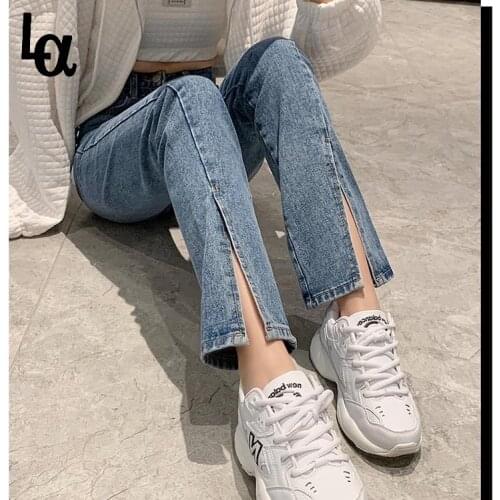 Luck A New High Waist Straight Jeans Women Vintage Boyfriend Split Denim Pants Wide Leg Jeans Casual Streetwear Long Trousers