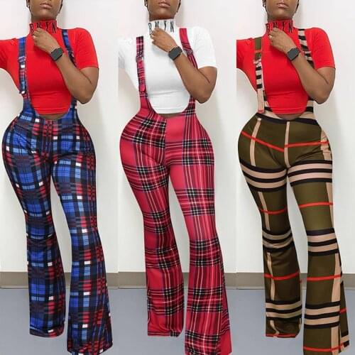 Ladies flared trousers slim trousers ladies slim plaid print fashion suspenders big flared casual pants women