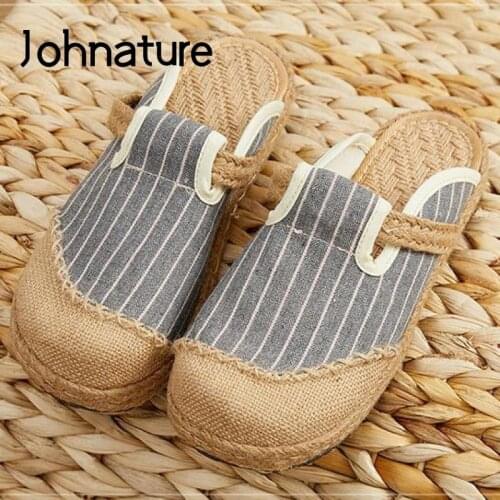 Johnature Summer Shoes Women Slippers 2021 New Striped Cotton Hemp Outside Slides Flat With Leisure Concise Ladies Slippers