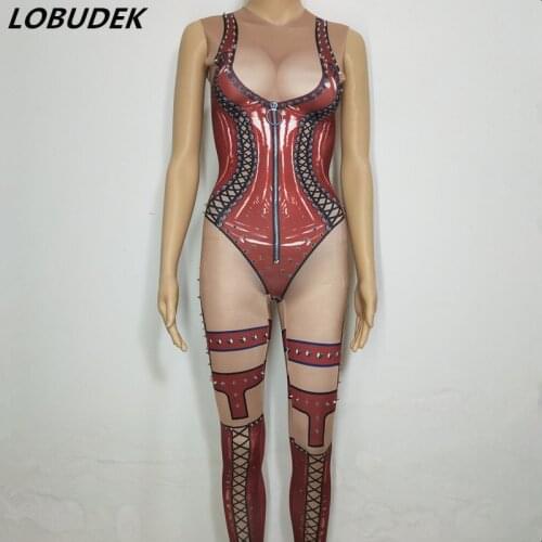 Red black rivet jumpsuit nightclub sexy bodysuit stage female costumes singer Dancer prom show Rompers performance prom party