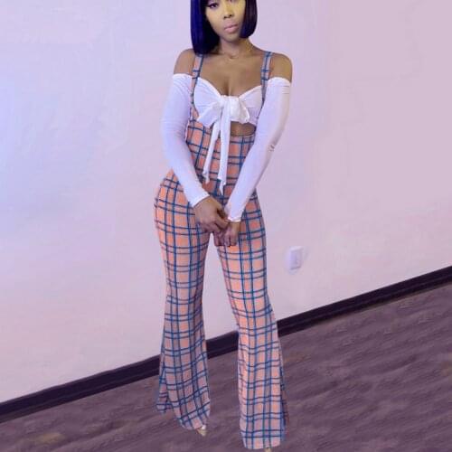 2 Pcs Womens Set Sexy Outfits Adults Long Sleeve Tie Up Short Frill Tube Top + Plaid/Stripe Wide Leg Jumpsuits Two Piece Set