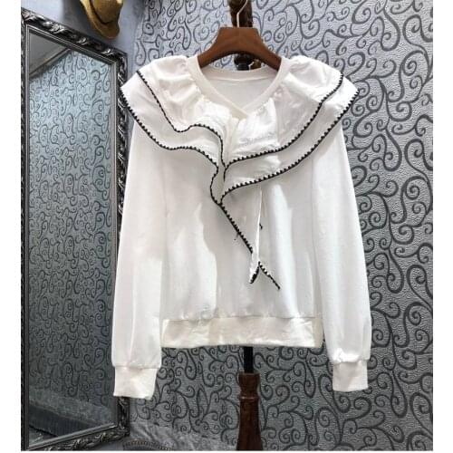High Quality New Sweatshirts 2021 Autumn Winter Pullovers Women Ruffle Floral Patchwork Long Sleeve Casual White Blue Black Top