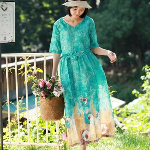 Women V neck Loose Ramie Printed Thin Dress Ladies Summer Elegant Print Dress Female Vintage Retro Dress 2018 High Quality