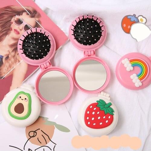 1Pcs New Colorful Mini Folding Comb Cartoon Massage Round Portable Travel Hair Brush With Mirror Plastic Girls Hair Accessories
