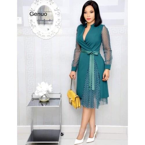 African Dresses Women Dot Black Office Midi Lace Dress Mesh Bazin Fashion Elegant Ankara Dresses Ladies Party Africa Clothing