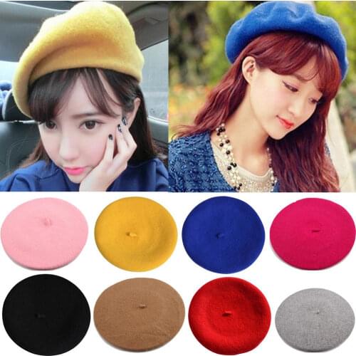 Winter Warm faux Wool Beret Women Girls French Artist Beanie Hat Cap red black purple beige orange Kawaii Flat Top caps warmers