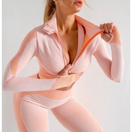 Quick Dry Yoga Set Seamless Gym Set Women Running Workout Set Zippper Long Sleeve Yoga Clothing 3 Pieces Set Fitness Clothing