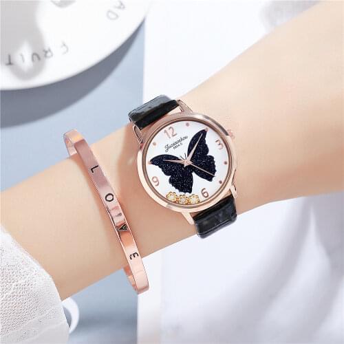 Women Butterfly Watches Casual Luxury Leather Strap Quartz Wristwatches Clock Zegarek Damski