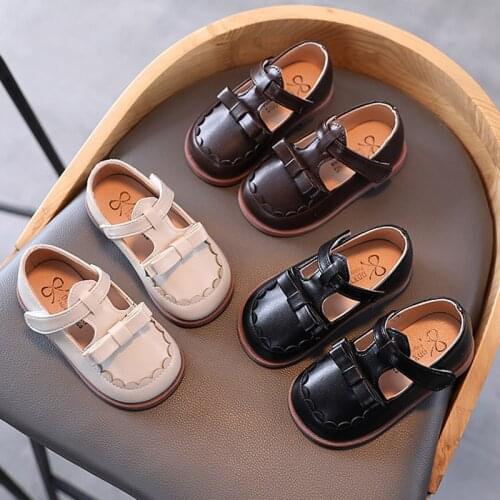 Spring Autumn Girls Shoes Bowtie Princess Shoes Leather T Strap Shoes Baby Children Non-slip Casual Shoe New Fashion Black White