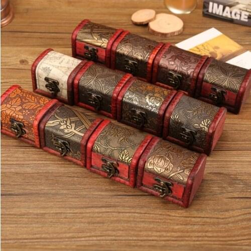 Retro Small Wood Storage Box With Metal Lock Decorative Trinket Jewelry Treasure Pearl Wooden Case Vintage