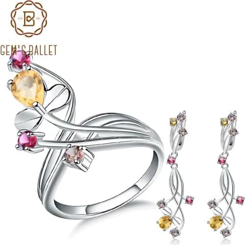 GEMS BALLET Citrine Garnet Smoky Quartz Rings Clip Earrings Natural Gemstone 925 Sterling Silver Fine Jewelry Set For Women