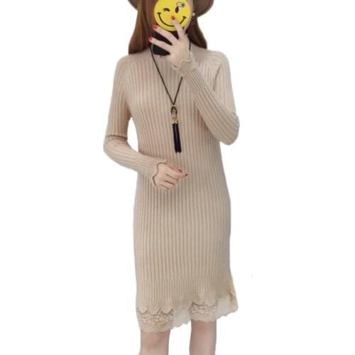 Lace Sweater Dress Women Pullover Long Korean Wild Slim Bottoming Shirt Plus Velvet Warm Knit Dress Women Autumn Winter Dresses