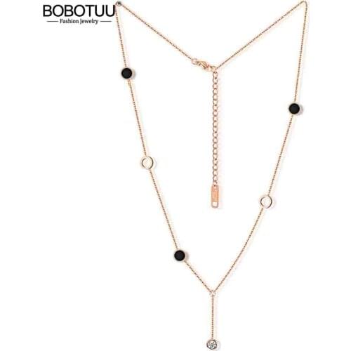 BOBOTUU Trendy Rose Gold Color Round Circle Tassel Necklace Stainless Steel Cubic Zirconia Chains Necklace Jewelry BN17060
