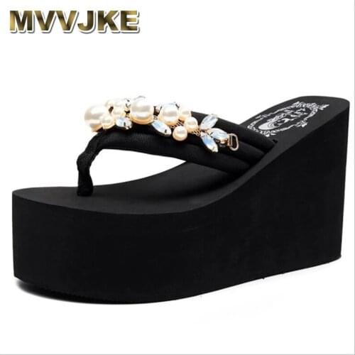 MVVJKE Summer women sandals shiny diamond crystals handmade pearls sandal bohemia slippers wedges platform flip flops women